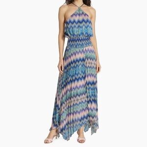 RAMY BROOK Giana Maxi Chevron Pattern Blue Handkerchief Maxi Dress Sz Small BNWT